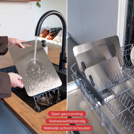 AoraKitchen Planche à découper en acier inoxydable - Set 3 pièces - Planches à découper - Lavable en lave-vaisselle - Stabilisé au titane