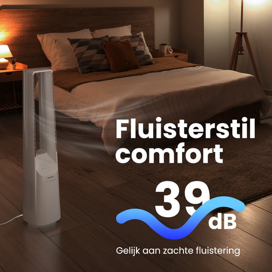 Ventilateur de tour Auronic - Modèle sans pales - Refroidisseur d'air - Ventilateur de sol - Ventilateur silencieux sur pied - 101 CM - 6 vitesses - Ventilateur - Avec minuterie - 39 dB - Blanc