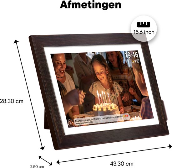 Cadre photo numérique Denver 15,6 pouces - Bois - XL - Full HD - Frameo App - Cadre photo - WiFi - 16GB - IPS Touchscreen - PFF1543DW