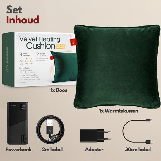 Coozie Rechargeable Heat Pillow - sans fil et filaire - 45-65°C - Velours - 45 x 45 cm - Vert foncé - Oreiller électrique - Powerbank incluse - Jusqu'à 8 heures de chaleur