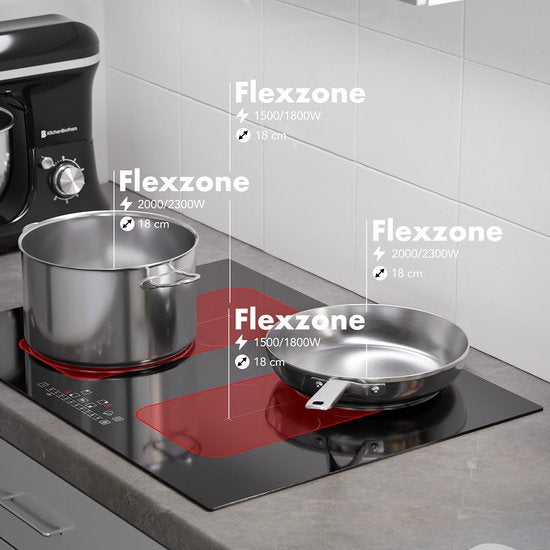 Plaque de cuisson à induction - KitchenBrothers - Encastrable 70 cm - 4 zones - 2x Flexzone - 1 et 2 phases - Jusqu’à 2800W - Noir