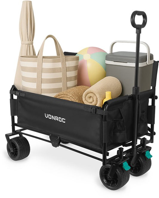VONROC Wagon - Avec fonction siège - Pliable - Capacité de charge de 120 kg - Capacité de 115l - Roues solides anti-fuites - Cadre en acier robuste - Polyester 600D - Noir