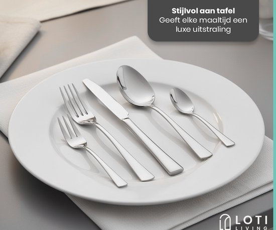 Loti Living Set de couverts 30 pièces - 6 personnes - Set de couverts 6 personnes - Cuillères, couteaux, fourchettes, fourchettes à gâteau - Couverts lavables au lave-vaisselle - Acier inoxydable de haute qualité - acier inoxydable