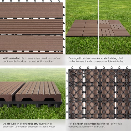 tectake® WPC wood tiles - Dalles aspect bois - Résistant aux intempéries - Sol extérieur - Dalles de sol - Sol de balcon - Dalles de terrasse avec système click - Drain - Lot de 22 - Marron