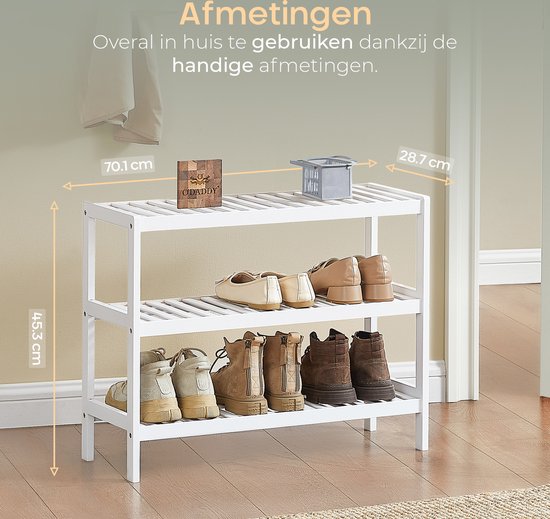 O'DADDY® Shoe Rack - Banc à chaussures - Hall Bench - Shoe Cabinet - Shoe Storage System - Shoe Cabinet - 3 Layer - For 12 Pairs - Multifunctional Rack - Bamboo - White - 70 x 28 x 45 cm