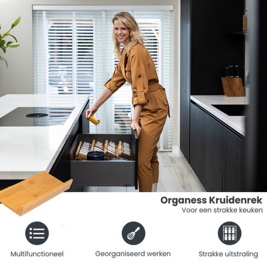 Organess Spice Rack Drawer - 4 Layer - For 28 Spice Jars - Bamboo - Spice Organiser - Kitchen Drawer Organiser