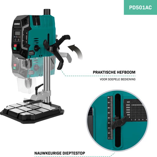 Perceuse à colonne VONROC 900W - perceuse de table - panneau de contrôle digital avec écran LCD - laser de ligne transversale et lampe de travail LED - Comprend une pince rapide, une pince de perçage et un guide de parallélisme