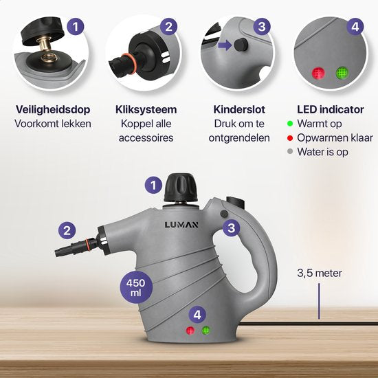 Nettoyeur vapeur portatif - Luman C1 - 1050W - Réservoir 450 ml - Pression 0,26-0,32 Mpa - Sécurité enfant - Kit 16 accessoires - Gris