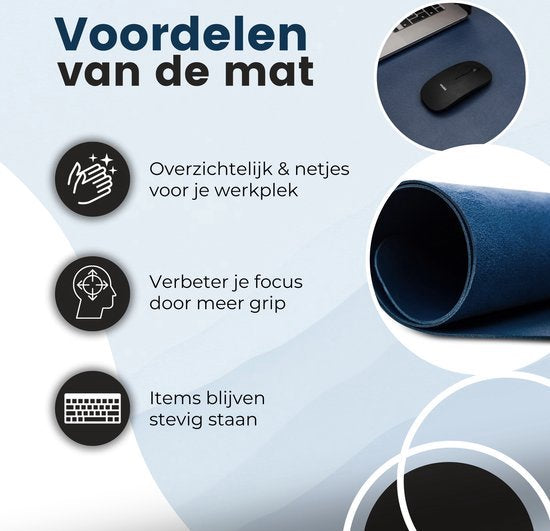 WURK Tapis de bureau professionnel en cuir synthétique - Organisateur de bureau - Tapis de bureau - Accessoires de bureau - Tapis de souris XXL- Inclut un clip de câble - 120x60 - Bleu