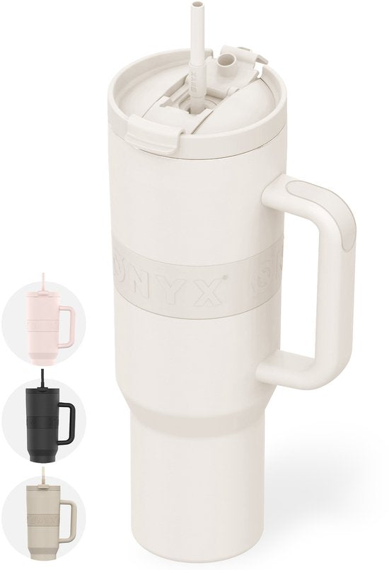 ONYX Bouteille à boire avec paille 1 litre - Bouteille d'eau pour enfants et adultes - Mug Thermos Mug de voyage en acier inoxydable - Buvette de motivation - Tasse à boire pour l'école - Blanc Coco