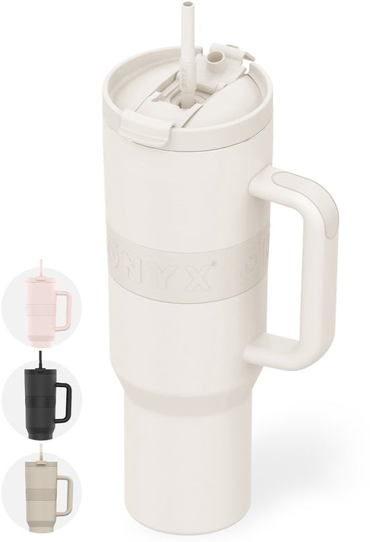 ONYX Bouteille à boire avec paille 1 litre - Bouteille d'eau pour enfants et adultes - Mug Thermos Mug de voyage en acier inoxydable - Buvette de motivation - Tasse à boire pour l'école - Blanc Coco