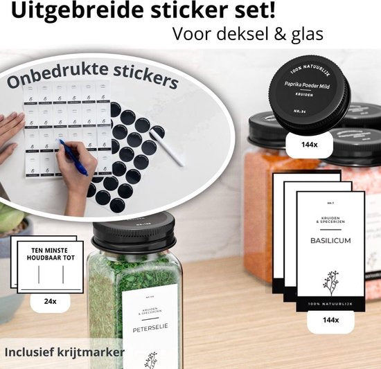 Organess 28 pots à épices en verre carrés avec couvercle noir - 3 types de couvercles à saupoudrer - Spice Spreader - pots à épices - set complet avec stickers à épices, stick à craie et accessoires - 120ml