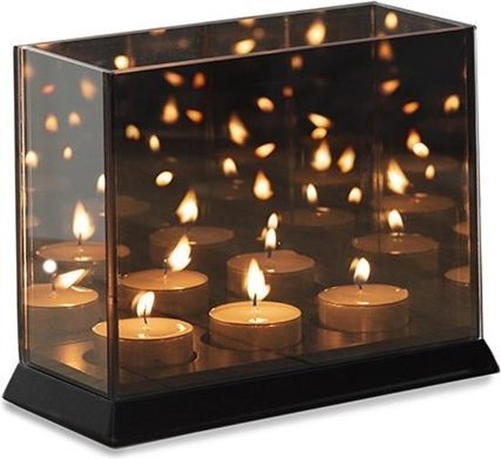 Liva Living - Porte-lumière d'ambiance Magic Cube - 3 bougies & 20 x 9 x 15 cm - avec miroir teinté et effet de réflexion infini - pour l'intérieur et l'extérieur - verre noir et Mdf