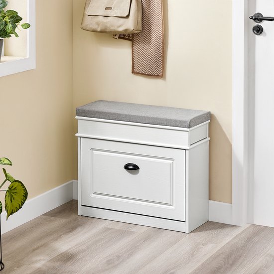 SoBuy FSR82-K-WG Meuble à chaussures banc d'entrée - banc à chaussures avec siège de toilette et coussin de rangement pour chaussures pour hall d'entrée, salon 61 x 24 x 51 cm, capacité 113 kg, blanc effet bois antique