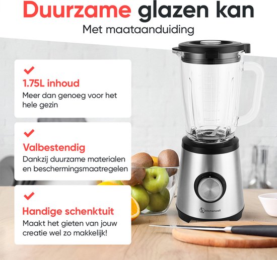Mixeur - Kitchenwell - Bledner à smoothie - 1300 watts avec gobelet - 1,75 litre - Récipient en verre - Acier inoxydable