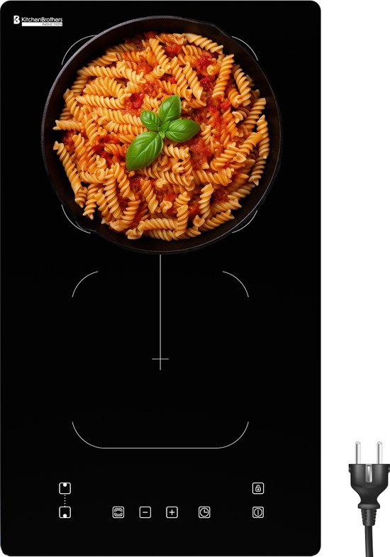KitchenBrothers Table de cuisson à induction - Table de cuisson à induction encastrable - 30 cm - 2 zones - 1x Flexzone - 1 phase - Jusqu'à 3300W - Noir