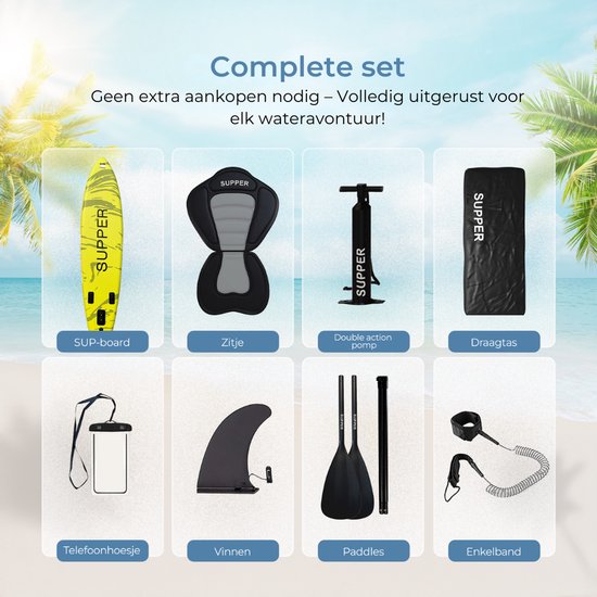 Supper Sup Board XL - Max. 220KG - Gonflable - Planche à pagaie - Pagaie réglable - Etui de téléphone étanche - Pompe - Palmes - Leash - Sac de transport - Touring 381 x 81 cm - Vert lime
