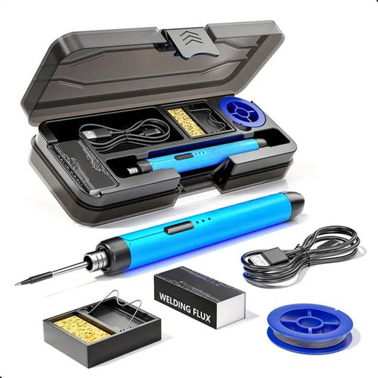 Tech Essentials Fer à souder sans fil - 8W - USB-C - Avec étain - Kit - Soudure fine - Stylo - Batterie - Set de soudure - Souder - Outil électrique - Bleu