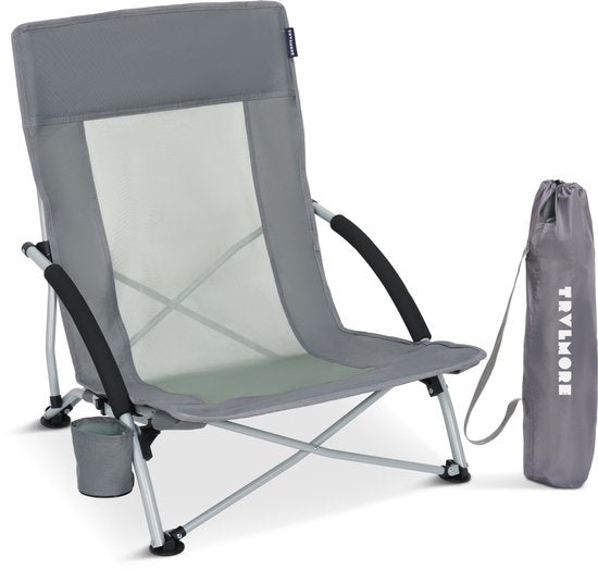 TRVLMORE Chaise de plage - pliable et démontable - capacité de charge de 120 kg - légère - avec sac de transport et porte-gobelet - grise