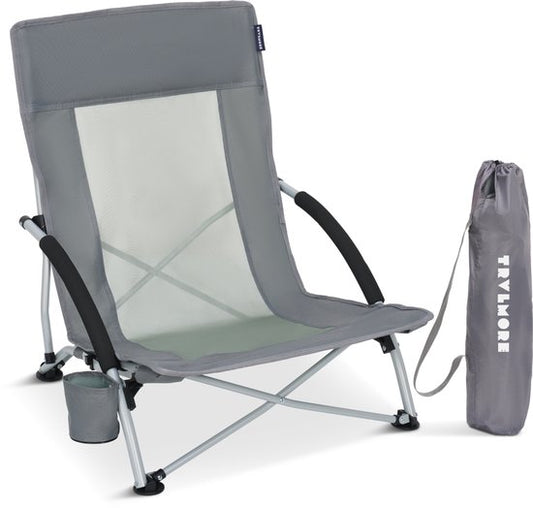 TRVLMORE Chaise de plage - pliable et démontable - capacité de charge de 120 kg - légère - avec sac de transport et porte-gobelet - grise