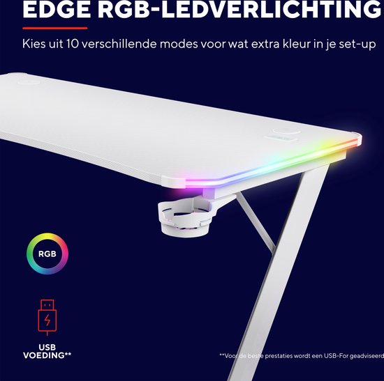 Trust GXT 709W Luminus Gaming Desk - Eclairage RGB - Porte-gobelet - Porte-casque - Blanc