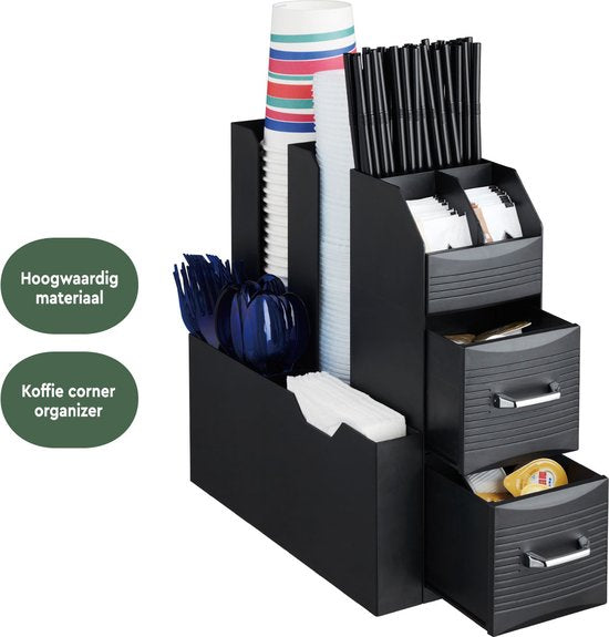 BRASQ Organisateur de café et de thé noir - Organisateur de cuisine peu encombrant avec 9 compartiments et 2 tiroirs - Station café
