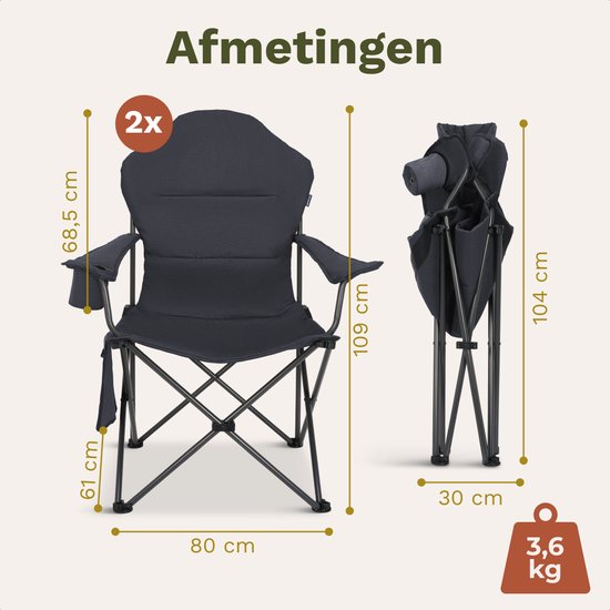 TRVLMORE Chaises de camping XXL - pliables - 2-Pack - Capacité de charge 160KG - Sac de transport inclus - Chaise pliante - Chaise de pêche - Chaise de camping - Chaise pliante - Gris