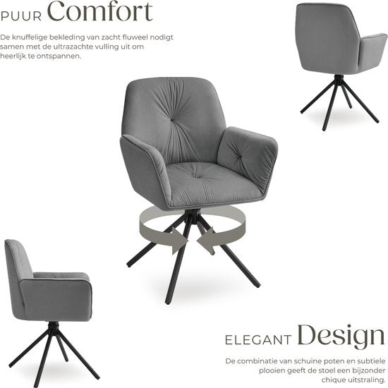 tectake® Chaise pivotante Lenia - Lot de 2 chaises pivotantes avec accoudoir - Chaise de salle à manger pivotante - Fauteuils pivotants - Tapissés - aspect velours Anthracite/Noir