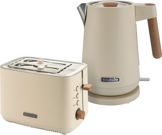 Bourgini Harmony set de petit déjeuner - Eléments en bois de hêtre - Bouilloire en acier inoxydable avec grille-pain