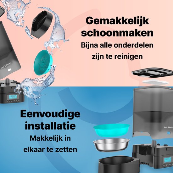 Jake and Jacky Automatic Feeder Cat and Dog - 5 Litres - Incl. Stainless Steel Feeder & Slowfeeder - Feeding Dispenser & Anti-Snatching Bowl - Feeder for Cats & Dogs - Black