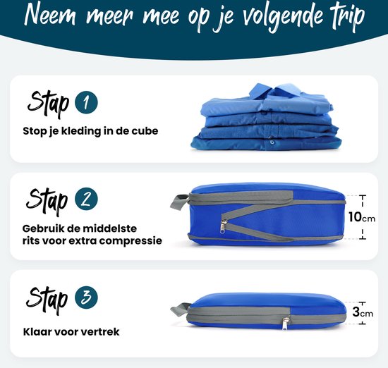 Cubes d'emballage avec fermetures éclair de compression - Lot de 4 cubes de compression pour sac à dos et valise - Compression - Bleu - Sunflake