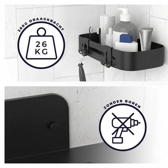 Sanicraft® Porte-douche - Pas de perçage - Convient à tout type de mur - Suspension - Inox - 2 pièces - Noir