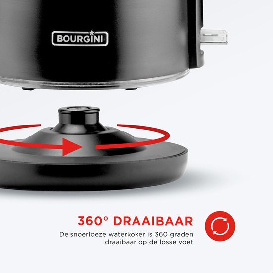 Bouilloire en verre Bourgini - Noir mat - Utilisation sans fil - Remplissage facile par le couvercle - Grande capacité de 1,5 L - Sans BPA