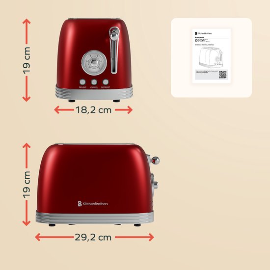 KitchenBrothers Retro Toaster - Grille-pain - 6 niveaux de chaleur - 2 fentes extra-larges - 815W - Rouge