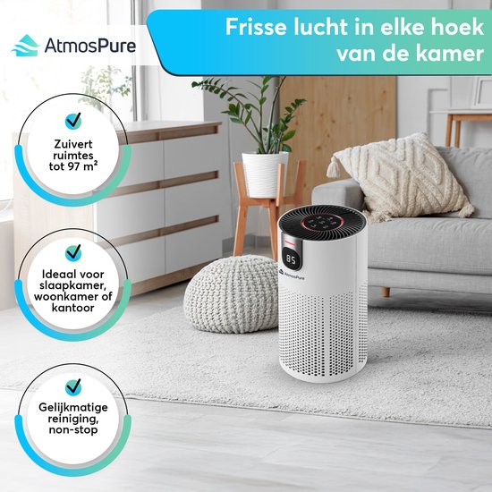 AtmosPure® CleanAir Air Purifier - Purificateur d'air avec filtre HEPA 13 + filtre à charbon remplaçable - CADR 250 m³/h - Blanc - Pour 97 m² - Lutte contre les acariens, le rhume des foins, les allergies, -3 modes + mode sommeil silencieux - Capteur de q