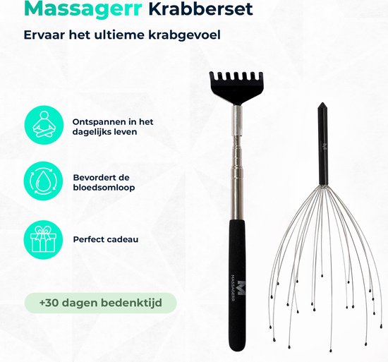 Massagerr® Head & Back Scratcher Set - 5-in-1 Back Scratcher with 5 attachments - Head Scratcher with 20 Fingers - Back Massage - Ultimate Scratching Feeling - Massage