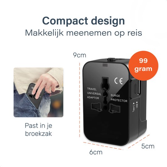 Universal World Plug 150+ Countries - International - Conversion - Travel plug - Adaptateur - Pour l'Amérique, l'Amérique du Sud, l'Angleterre (UK), l'Asie, l'Europe, l'Afrique, l'Italie, la Thaïlande, Curaçao - 2x USB-C et 2x USB-A - Type G, Léger - Skoo