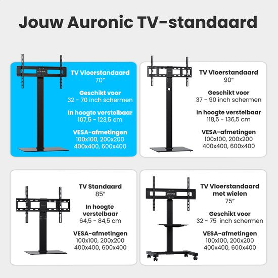Auronic TV Stand - Pied TV - Réglable en hauteur - Pivotant - Inclinable - 37 à 90 pouces - Noir