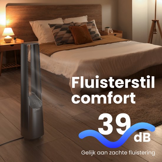 Ventilateur de tour Auronic - Modèle sans pales - Refroidisseur d'air - Ventilateur de sol - Ventilateur silencieux sur pied - 101 CM - 6 vitesses - Ventilateur - Avec minuterie - 39 dB - Gris clair
