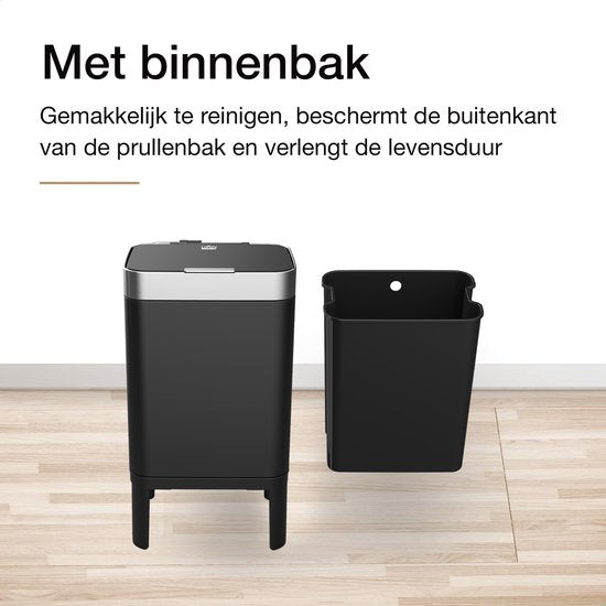 Loftey Trashcan 60 Liter - Push/touch Waste Bin - Duo Waste Bin with inner bin - Trash can 2 compartments - Waste Separation 2x30L - Kitchen - Black/RVS