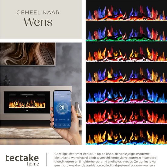 tectake® Wall Fireplace - Cheminée électrique - Atmosphere Fireplace - 91,5 x 12 x 43 cm - 900W & 1800W - contrôlé par télécommande ou application - avec thermostat - poêle - avec chauffage - cheminées - effets de bois et de lueur - flammes 3D - minuteur