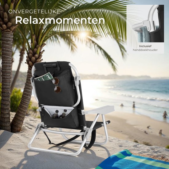 tectake® Beach Chair Coral - Chaise de camping pliable avec sac isotherme et sac de rangement - Dossier réglable en 5 sens avec coussin de tête - Accoudoirs larges avec porte-gobelet / porte-téléphone - Chaise de camping pliable - Noir