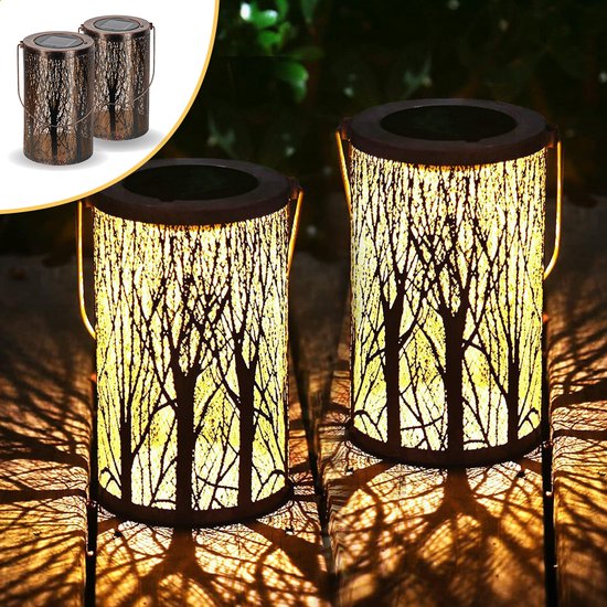 Goliving Lampe de table solaire Oasis - Lampe d'extérieur - 2 pièces - Lanterne d'extérieur - Lampe de jardin solaire - Lampe d'extérieur LED - Lampe à suspension - 20 cm - Métal - Bronze