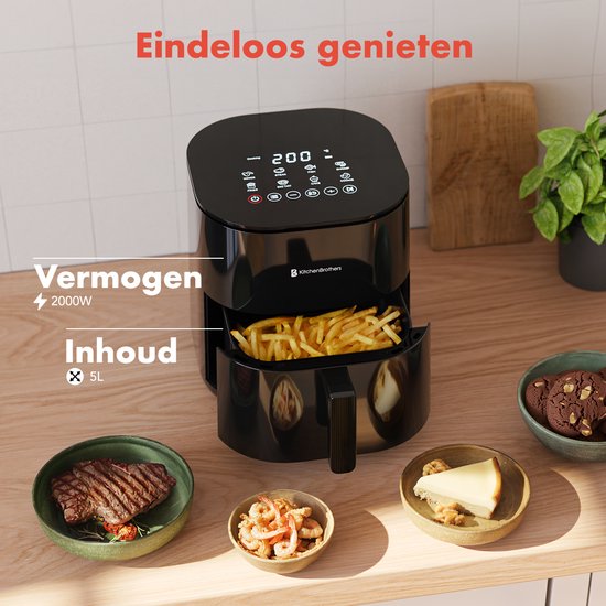 KitchenBrothers Airfryer XL - 5L - 2000W - Friteuse à air chaud - Double chauffage - 80ºC à 200ºC - 8 programmes de cuisson - Noir