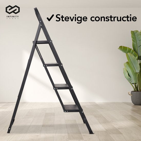 Infinity Goods Échelle domestique robuste 4 marches - Escalier de cuisine pliable - antidérapant - Échelle d'escalier - Pliable - Métal - Noir