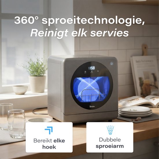 Skoov Mini lave-vaisselle avec réservoir d'eau - 5 couverts - 6 programmes de lavage - 45cm - Petit lave-vaisselle étroit à poser - Camping - Gris