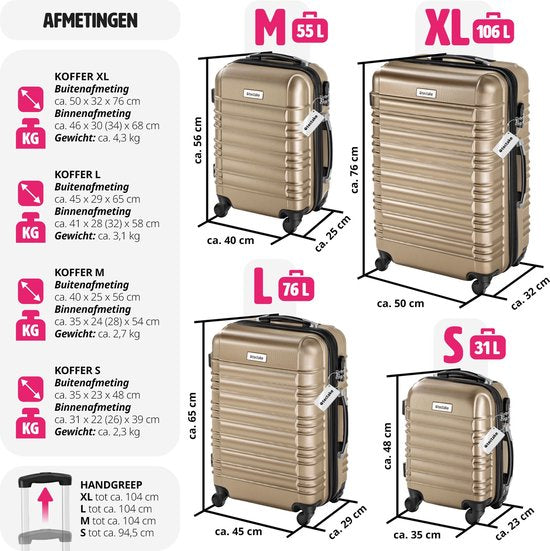 tectake® - Set de 4 valises à coque dure - Set de valises de voyage à roulettes - ABS - Poignée télescopique et serrure - Pèse-bagages inclus - Tailles des trolleys S-M-L-XL - Champagne