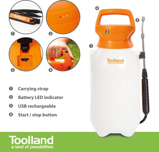 Toolland Pulvérisateur à pression, électrique, batterie rechargeable, lance télescopique, tête de pulvérisation réglable, bandoulière, 8 litres, blanc/orange/noir