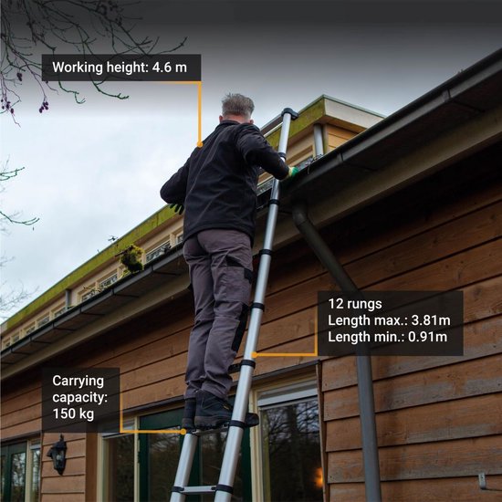 Batavia Échelle télescopique 3,81 m - Convient pour l'intérieur et l'extérieur. Légère, compacte, construction en aluminium et sûre - Giraffe Air® Pro