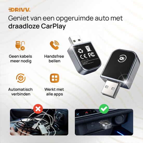 Drivv. Dongle CarPlay 2-en-1 - Connexion USB-C et USB-A - CarPlay sans fil - Noir